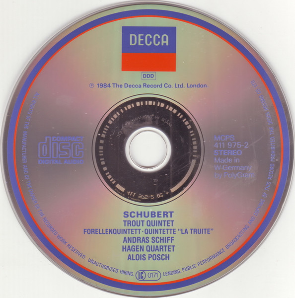 Franz Schubert — András Schiff , Hagen Quartett , Alois Posch - Trout Quintet | Decca (411 975-2) - 3