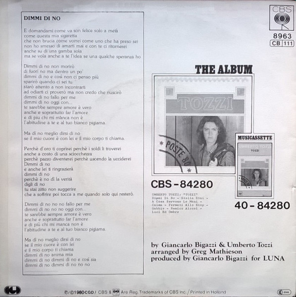 Umberto Tozzi - Dimmi Di No | CBS (CBS 8963) - 2