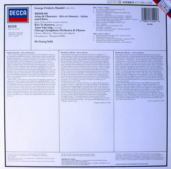 Georg Friedrich Händel , Kiri Te Kanawa , Anne Gjevang , Chicago Symphony Orchestra & Chicago Symphony Chorus , Georg Solti - Messiah Arias & Choruses | Decca (417 449-1) - 2 Georg Friedrich Händel , Kiri Te Kanawa , Anne Gjevang , Chicago Symphony Orchestra & Chicago Symphony Chorus , Georg Solti - Messiah Arias & Choruses | Decca (417 449-1) - 2