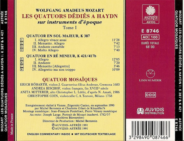 Wolfgang Amadeus Mozart - Quatuor Mosaïques - Les Quatuors Dédiés A Haydn. Tome I | Astrée Auvidis (E 8746) - 3