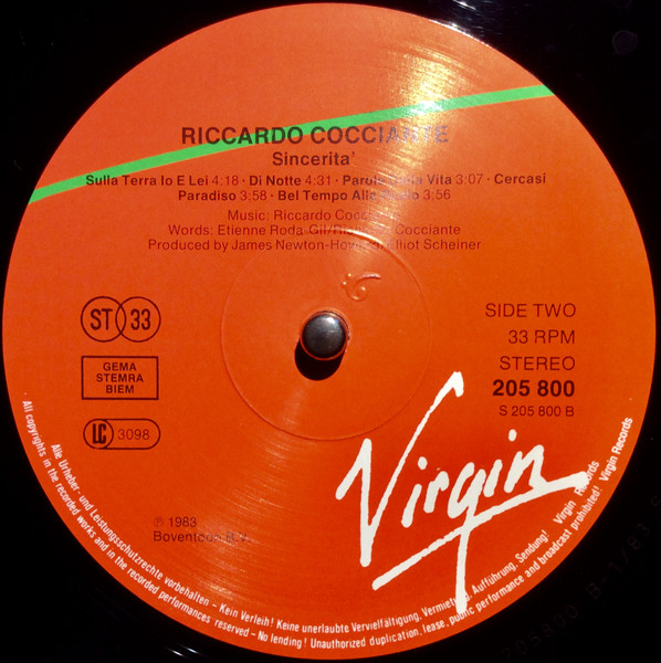 Riccardo Cocciante - Sincerita' | Virgin (205 800-320) - 4 Riccardo Cocciante - Sincerita' | Virgin (205 800-320) - 4