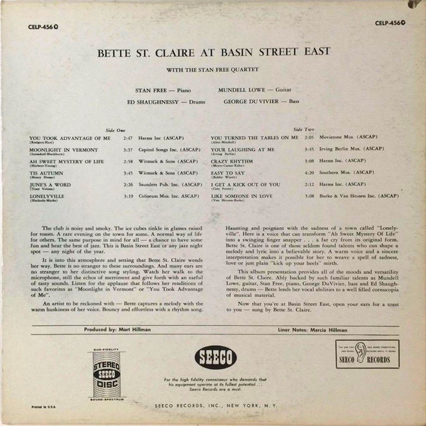 Betty St. Claire With The Stan Free Quartet - At Basin Street East | Seeco (CELP 4560) - 2