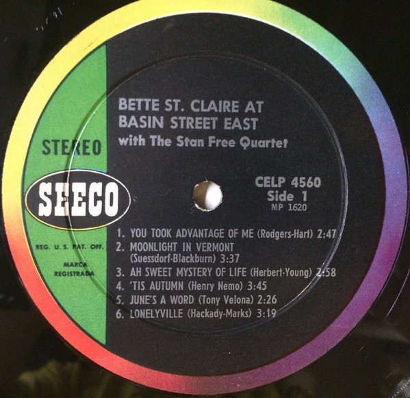 Betty St. Claire With The Stan Free Quartet - At Basin Street East | Seeco (CELP 4560) - 4