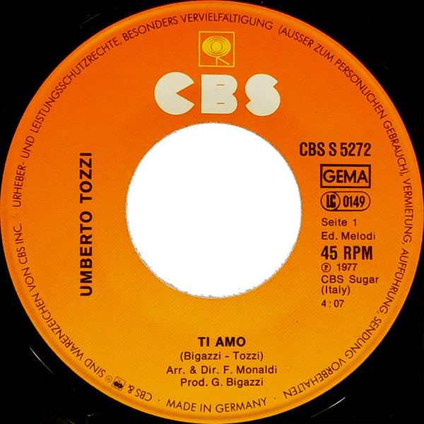 Umberto Tozzi - Ti Amo | CBS (CBS S 5272) - 3