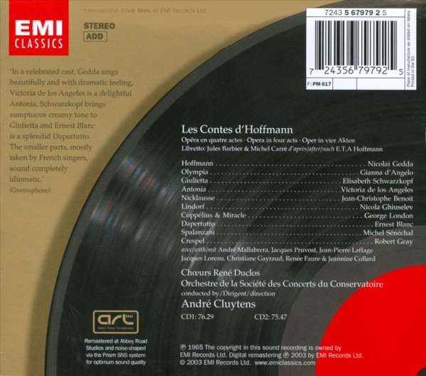 Jacques Offenbach - Nicolai Gedda · Victoria De Los Angeles · Elisabeth Schwarzkopf · Gianna D'Angelo · Jean-Christophe Benoit · Ernest Blanc · Nicola Ghiuselev · George London · Les Chœurs René Duclos · Orchestre De La Société Des Concerts Du Conservatoire · André Cluytens - Les Contes D'Hoffmann | EMI Classics (07243 5 67979 2 5) - 3