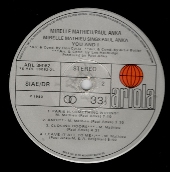 Mireille Mathieu - Mireille Mathieu Sings Paul Anka | Ariola (ARL 39062) - 3