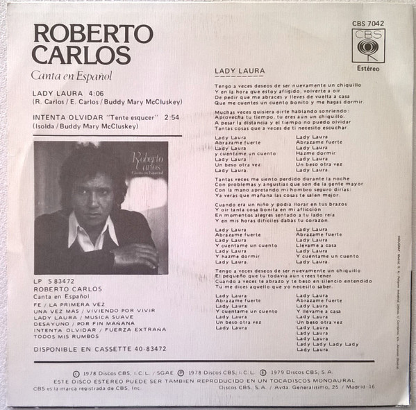 Roberto Carlos - Canta En Español: Lady Laura | CBS (CBS 7042) - 2