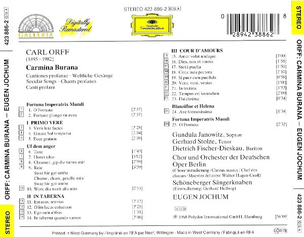 Carl Orff - Gundula Janowitz / Gerhard Stolze / Dietrich Fischer-Dieskau / Orchester Der Deutschen Oper Berlin / Chor der Deutschen Oper Berlin / Eugen Jochum - Carmina Burana | Deutsche Grammophon (423 886-2) - 3 Carl Orff - Gundula Janowitz / Gerhard Stolze / Dietrich Fischer-Dieskau / Orchester Der Deutschen Oper Berlin / Chor der Deutschen Oper Berlin / Eugen Jochum - Carmina Burana | Deutsche Grammophon (423 886-2) - 3