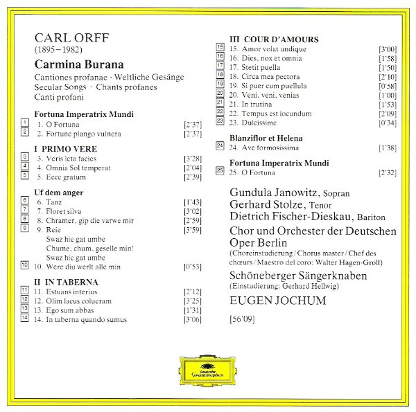 Carl Orff - Gundula Janowitz / Gerhard Stolze / Dietrich Fischer-Dieskau / Orchester Der Deutschen Oper Berlin / Chor der Deutschen Oper Berlin / Eugen Jochum - Carmina Burana | Deutsche Grammophon (423 886-2) - 2 Carl Orff - Gundula Janowitz / Gerhard Stolze / Dietrich Fischer-Dieskau / Orchester Der Deutschen Oper Berlin / Chor der Deutschen Oper Berlin / Eugen Jochum - Carmina Burana | Deutsche Grammophon (423 886-2) - 2