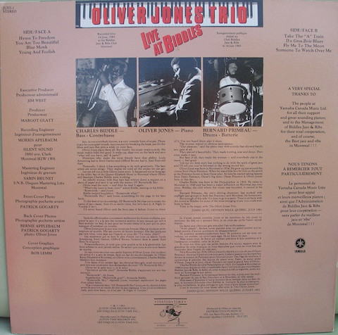 Oliver Jones Trio - Live At Biddles | Justin Time (JUST-1) - 2