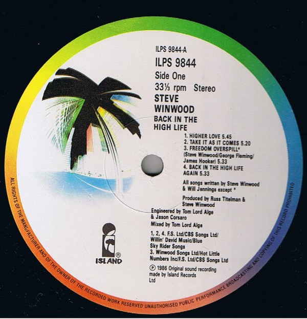Steve Winwood - Back In The High Life | Island Records (ILPS 9844)