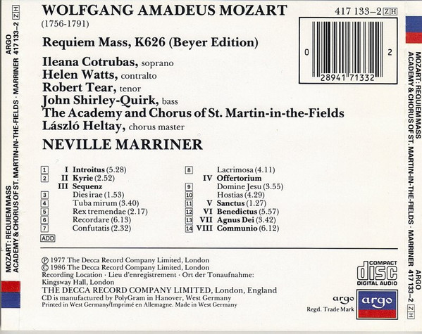 Wolfgang Amadeus Mozart , Sir Neville Marriner , The Academy Of St. Martin-in-the-Fields - Requiem | Argo (417 133-2) - 2