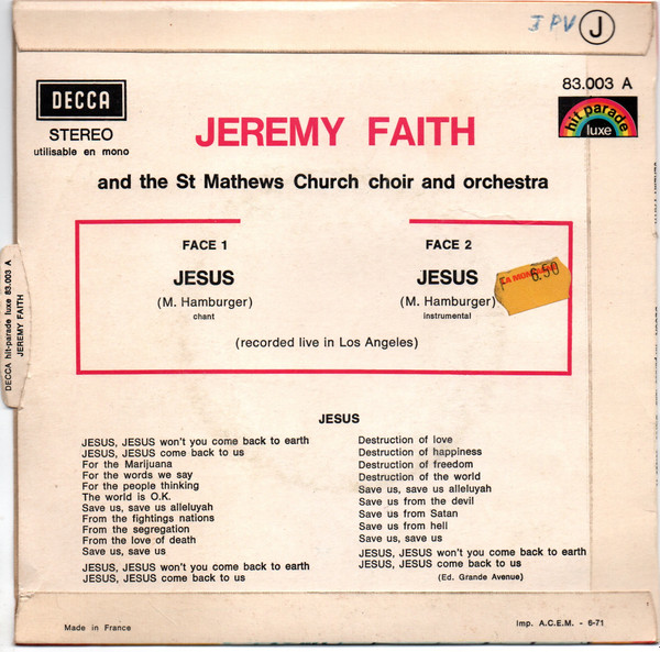Jeremy Faith And The Saint Mathews Church Choir And Orchestra - Jesus | Decca (83.003 A) - 2