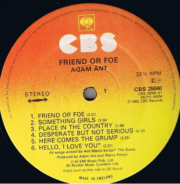 Adam Ant - Friend Or Foe | CBS (CBS 25040) - 3 Adam Ant - Friend Or Foe | CBS (CBS 25040) - 3