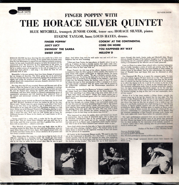 The Horace Silver Quintet - Finger Poppin' With The Horace Silver Quintet | Blue Note (BST 84008) - 2