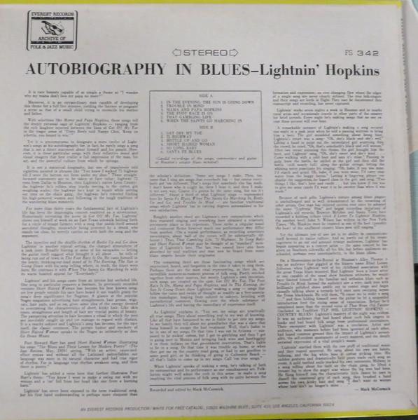 Lightnin' Hopkins - Autobiography In Blues [Vinyl] | Everest Records Archive Of Folk & Jazz Music (FS-342) - 2
