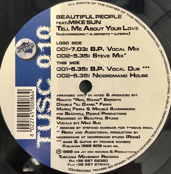 Beautiful People Featuring Mike Sun - Tell Me About Your Love | Tuscania Movement (TUSC 010) - main