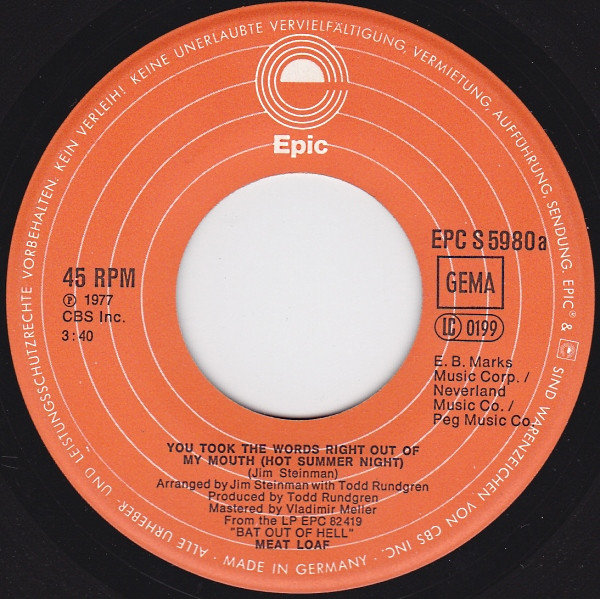 Meat Loaf - You Took The Words Right Out Of My Mouth (Hot Summer Night) | Epic (EPC S 5980) - 3