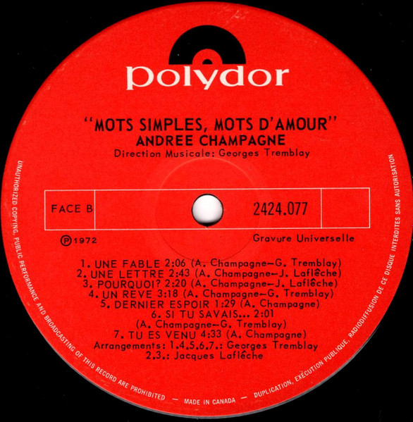 Andrée Champagne - Mots Simples Mots D'Amour | Polydor (2424 077) - 4