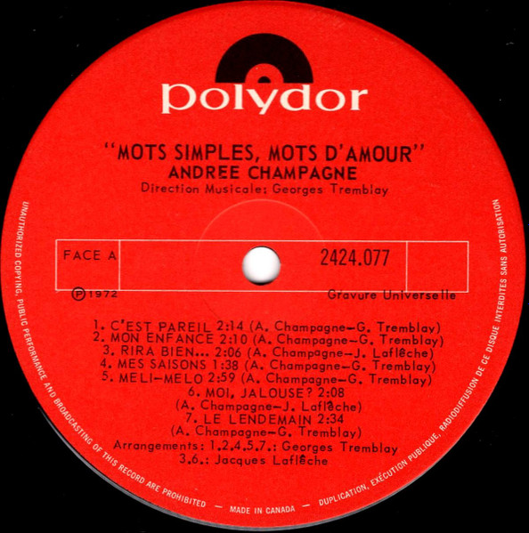 Andrée Champagne - Mots Simples Mots D'Amour | Polydor (2424 077) - 3
