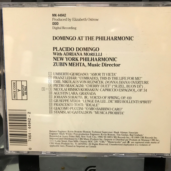 Placido Domingo , Adriana Morelli , New York Philharmonic , Zubin Mehta - Domingo At The Philharmonic With Adriana Morelli | CBS Masterworks (MK 44942) - 2 Placido Domingo , Adriana Morelli , New York Philharmonic , Zubin Mehta - Domingo At The Philharmonic With Adriana Morelli | CBS Masterworks (MK 44942) - 2