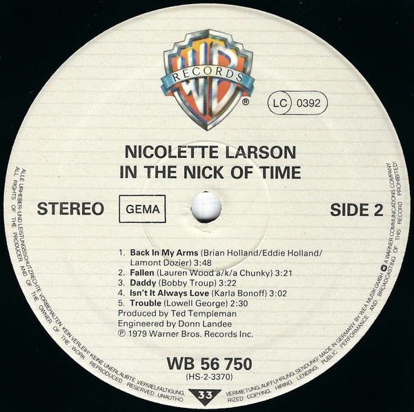 Nicolette Larson - In The Nick Of Time | Warner Bros. Records (WB 56 750) - 4 Nicolette Larson - In The Nick Of Time | Warner Bros. Records (WB 56 750) - 4