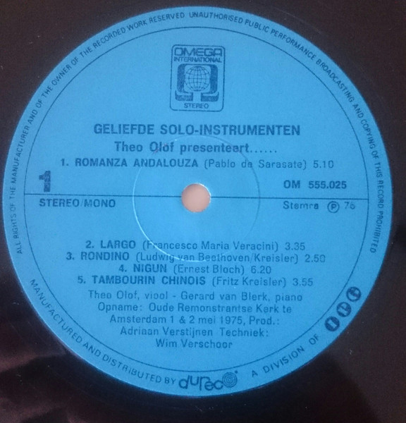 Theo Olof Presenteert Geliefde Solo Instrumenten Viool/Theo Olof