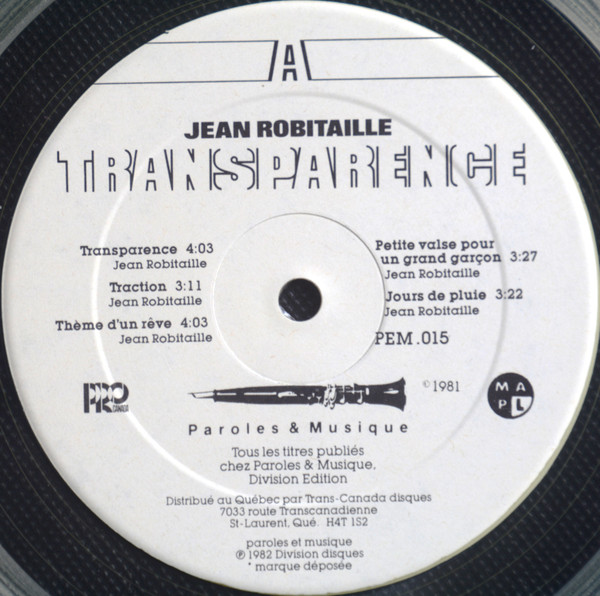 Jean Robitaille - Transparence [Vinyl] | Paroles & Musique (PEM .015) - 3