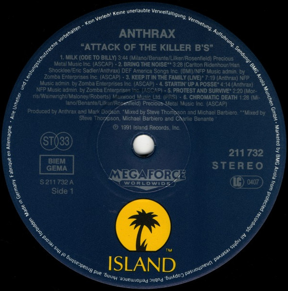 Anthrax - Attack Of The Killer B's | Island Records (211 732) - 3