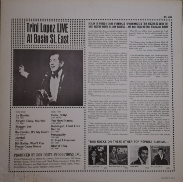 Trini Lopez - Live At Basin St. East | Reprise Records (RS-6134) - 2