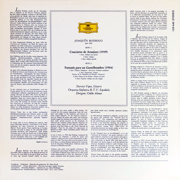 Joaquín Rodrigo – Narciso Yepes , Orquesta Sinfónica De RTVE , Odón Alonso - Concierto De Aranjuez / Fantasia Para Un Gentilhombre | Deutsche Grammophon (139 440) - 2