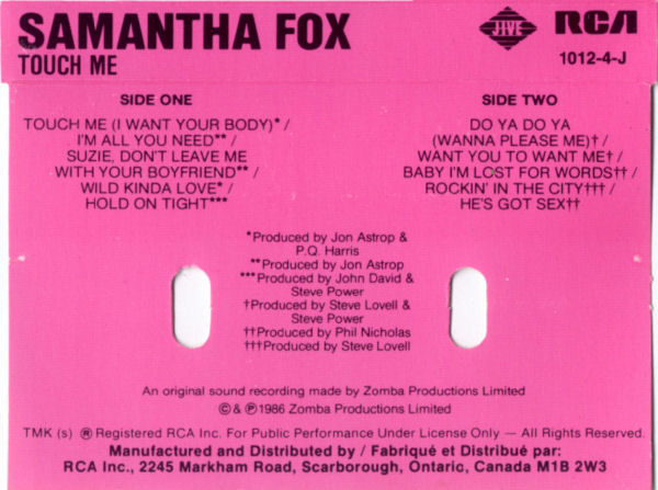 Samantha Fox - Touch Me [Cassette] | Jive (1012-4-J) - 2