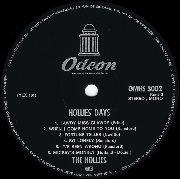 The Hollies - Hollies' Days | Parlophone Odeon (OMHS 3002) - 3