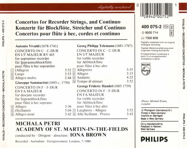 Antonio Vivaldi , Giuseppe Sammartini , Georg Philipp Telemann , Georg Friedrich Händel / Michala Petri , The Academy Of St. Martin-in-the-Fields , Iona Brown - Recorder Concertos = Blockflötenkonzerte = Concertos Pour Flûte A Bec | Philips Digital Classics (400 075-2) - 2