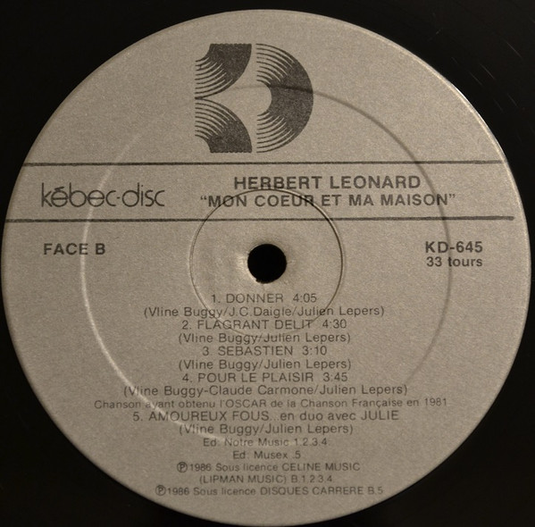 Herbert Léonard - Mon Cœur Et Ma Maison [Vinyl] | Kébec-Disc (KD 645) - 4