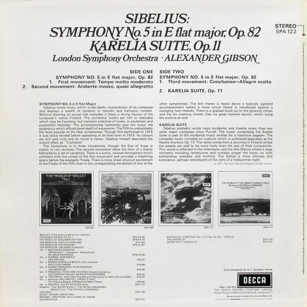 Jean Sibelius , London Symphony Orchestra , Alexander Gibson - Symphony No. 5 In E Flat Major, Op.82 / Karelia Suite, Op.11 | Decca (SPA 122) - 2