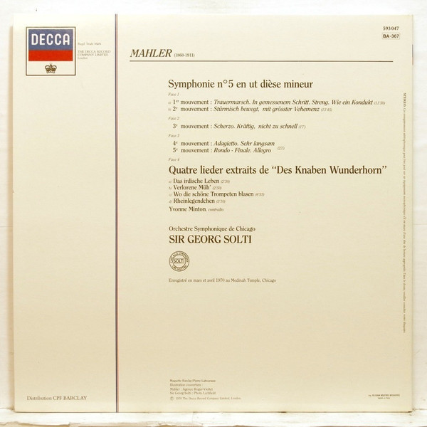 Gustav Mahler , Georg Solti - Symphonie N°5 / Quatre Lieder Extraits De "Des Knaben Wunderhorn" | Decca (593047) - 2