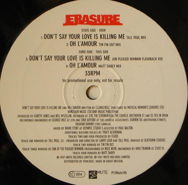 Erasure - Don't Say Your Love Is Killing Me | Mute (P12Mute195) - 4