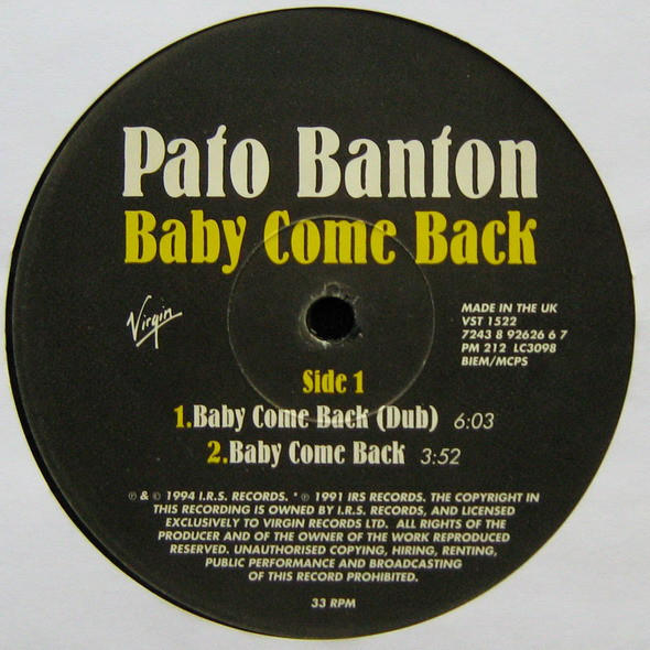 Pato Banton Featuring Ali Campbell And Robin Campbell - Baby Come Back | Virgin (VST 1522) - 2