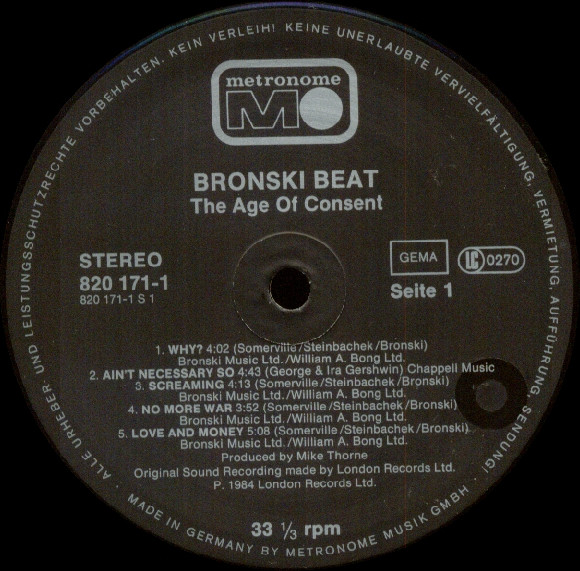 Bronski Beat - The Age Of Consent | Metronome (820 171-1) - 3 Bronski Beat - The Age Of Consent | Metronome (820 171-1) - 3