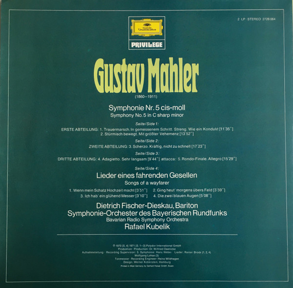 Gustav Mahler - Dietrich Fischer-Dieskau , Symphonie-Orchester Des Bayerischen Rundfunks , Rafael Kubelik - Symphonie Nr. 5 • Lieder Eines Fahrenden Gesellen (Songs Of A Wayfarer) | Deutsche Grammophon (2726 064) - 3 Gustav Mahler - Dietrich Fischer-Dieskau , Symphonie-Orchester Des Bayerischen Rundfunks , Rafael Kubelik - Symphonie Nr. 5 • Lieder Eines Fahrenden Gesellen (Songs Of A Wayfarer) | Deutsche Grammophon (2726 064) - 3