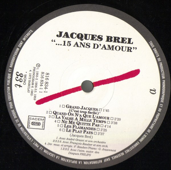 Jacques Brel - Quinze Ans D'Amour | Barclay (816 833-1)