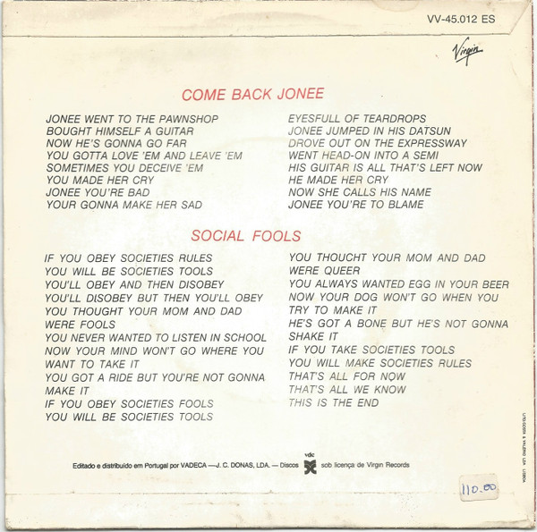 Devo - Come Back Jonee | Virgin (VV-45.012 ES) - 2