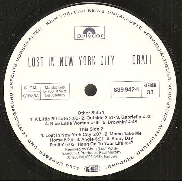 Drafi Deutscher - Lost In New York City | Polydor (839 942-1) - 3