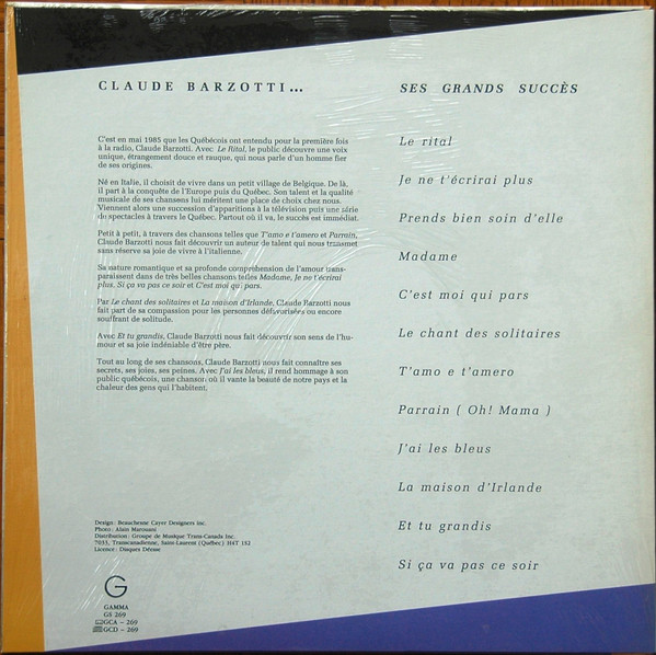 Claude Barzotti - Ses Grands Succès [Vinyl] | Gamma (GS 269) - 2