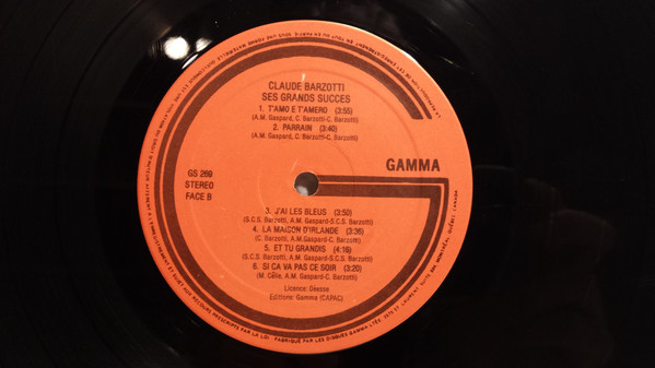 Claude Barzotti - Ses Grands Succès [Vinyl] | Gamma (GS 269) - 3