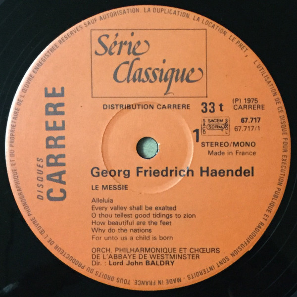 Georg Friedrich Händel , Lord John Baldry , The Choir Of Westminster Abbey Et The Westminster Philharmonic Orchestra - Le Messie | Disques Carrere (67.717) - 3