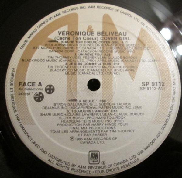Véronique Béliveau - (Cache Ton Coeur) Cover Girl [Vinyl] | A&M Records (SP 9112) - 2