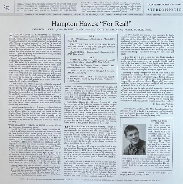 Hampton Hawes - For Real! [Vinyl] | Craft Recordings (CR00709) - 2