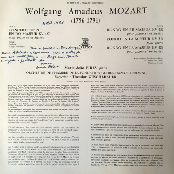 Wolfgang Amadeus Mozart - Maria-João Pires , Gulbenkian Orchestra , Theodor Guschlbauer - Concerto Pour Piano Nº 21 En Ut Majeur KV 467 • Trois Rondos / En Re Majeur KV 382 - En La Mineur KV 511 - En La Majeur KV 386 | Erato (09.270819.51) - 3